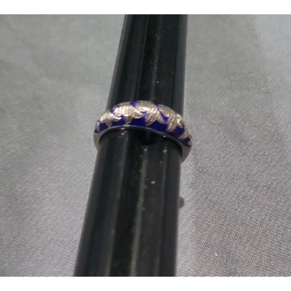 VINTAGE CHINESE EXPORT STERLING SILVER ENAMEL CLOISONNE BLUE BAND RING SIZE 7.5 - Picture 3 of 11